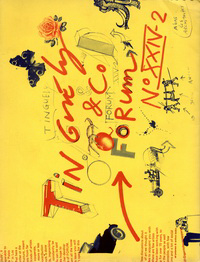 Tinguely, Jean - Tinguely & Co. Forum No XXIV-2. Large eight-fold poster design in red end black by Tinguely on thick yellow paper, including the photographs (by Lonardo Bezzola, Franco Cianetti, Ed van der Elsken, Monique Jacquot, Ad Petersen, Studio Nir Bareket, Martin Weyl) and other picture & text fragments  to be pasted down at the back of the poster. All preserved in the original Forum paper envelop.